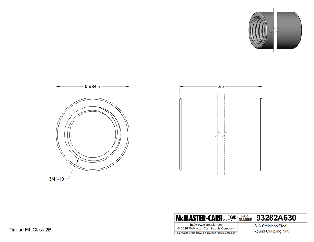 Technical Drawing of 316 Stainless Steel Round Coupling Nut, 3/4"-10 Thread Size, 2" Long.